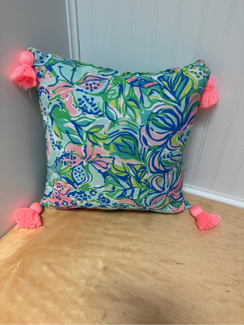 Lilly Pulitzer Feline Good Decorative Tassel Accent Pillow Tropical Pink Blue
